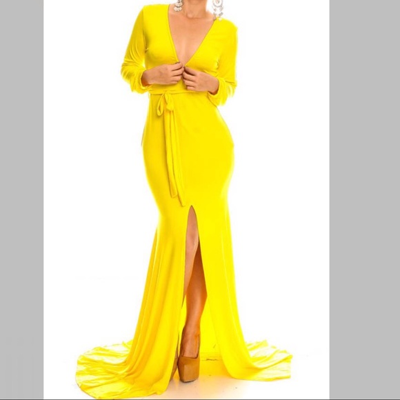 Yellow Wrap Long Sleeve Maxi Dress 